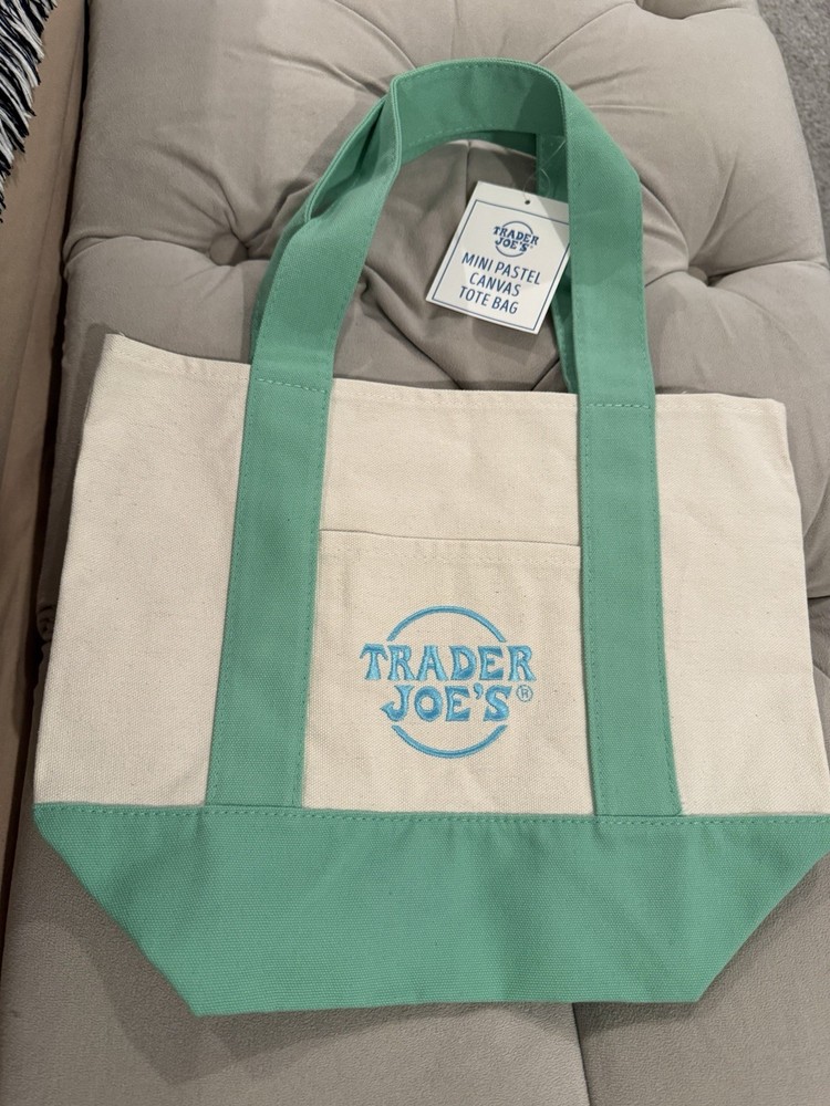 Trader Joe’s Mini Pastel Canvas Tote Bag Beige/Green Foldable 13x6x6 in New