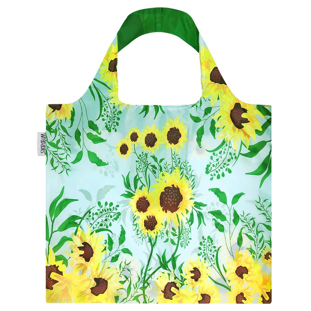 Large Reusable Shopping Tote Bag with Outer Pouch, Sunflowers