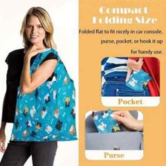 Teal Kitty Print Reusable Shopping Bag, Large Capacity