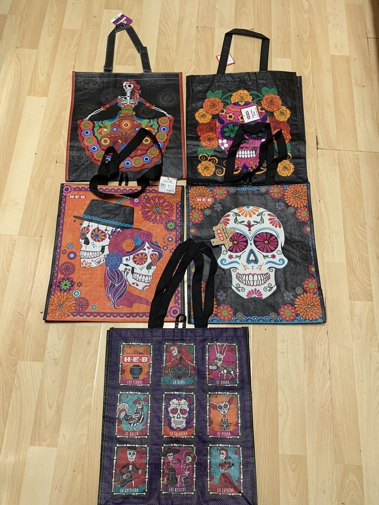 New Day Of The Dead Lot Of Five Reusable Grocery Shopping Bags Halloween HEB