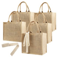 5 Pack Burlap Tote Bags Bulk Reusable Jute Tote Bag with 7Yd Ribbon Blank Bur…