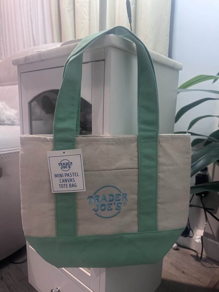 Trader Joe’s Foldable Canvas Mini Pastel Tote Bag Solid Green Beige Small