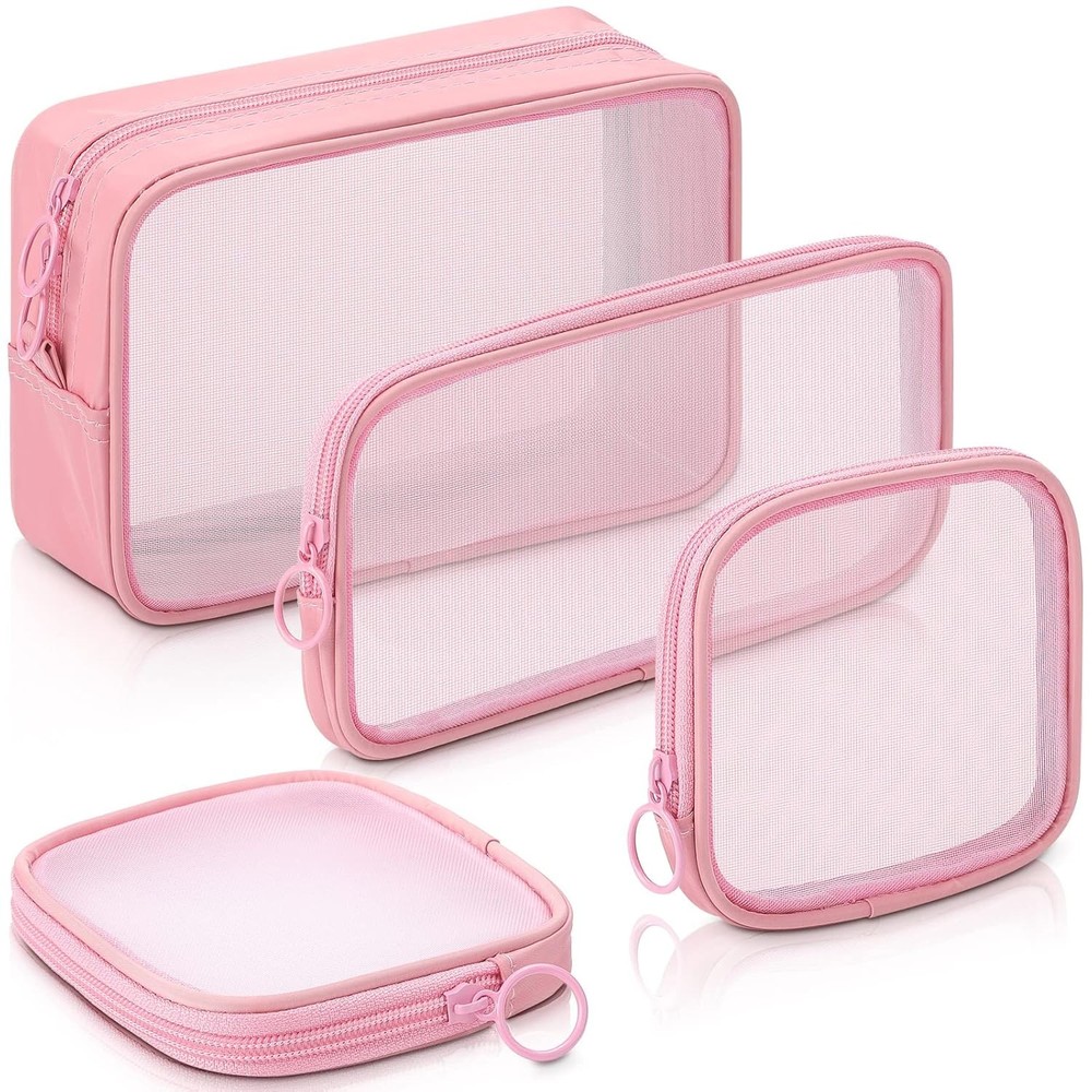 Weewooday 4 Pcs Mesh Makeup Bag Cosmetic Travel Variety Pack, Pink
