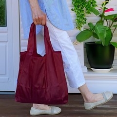 Large & Small Foldable Tote Nylon Reusable Grocery Bags Set of 2 Burgundy