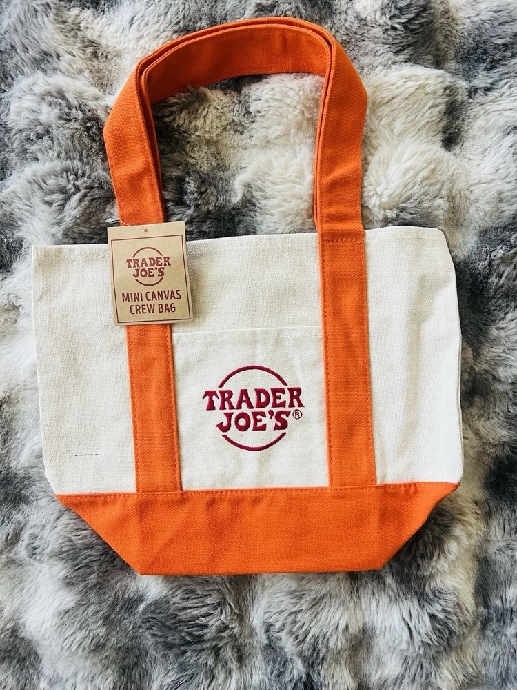 Trader Joe’s Mini Canvas Crew Bag Orange Beige Small Foldable Shopping Bag