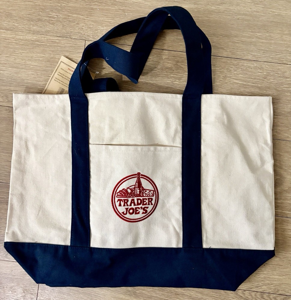 Trader Joe’s Reusable Foldable Canvas Tote Bag White Navy Blue