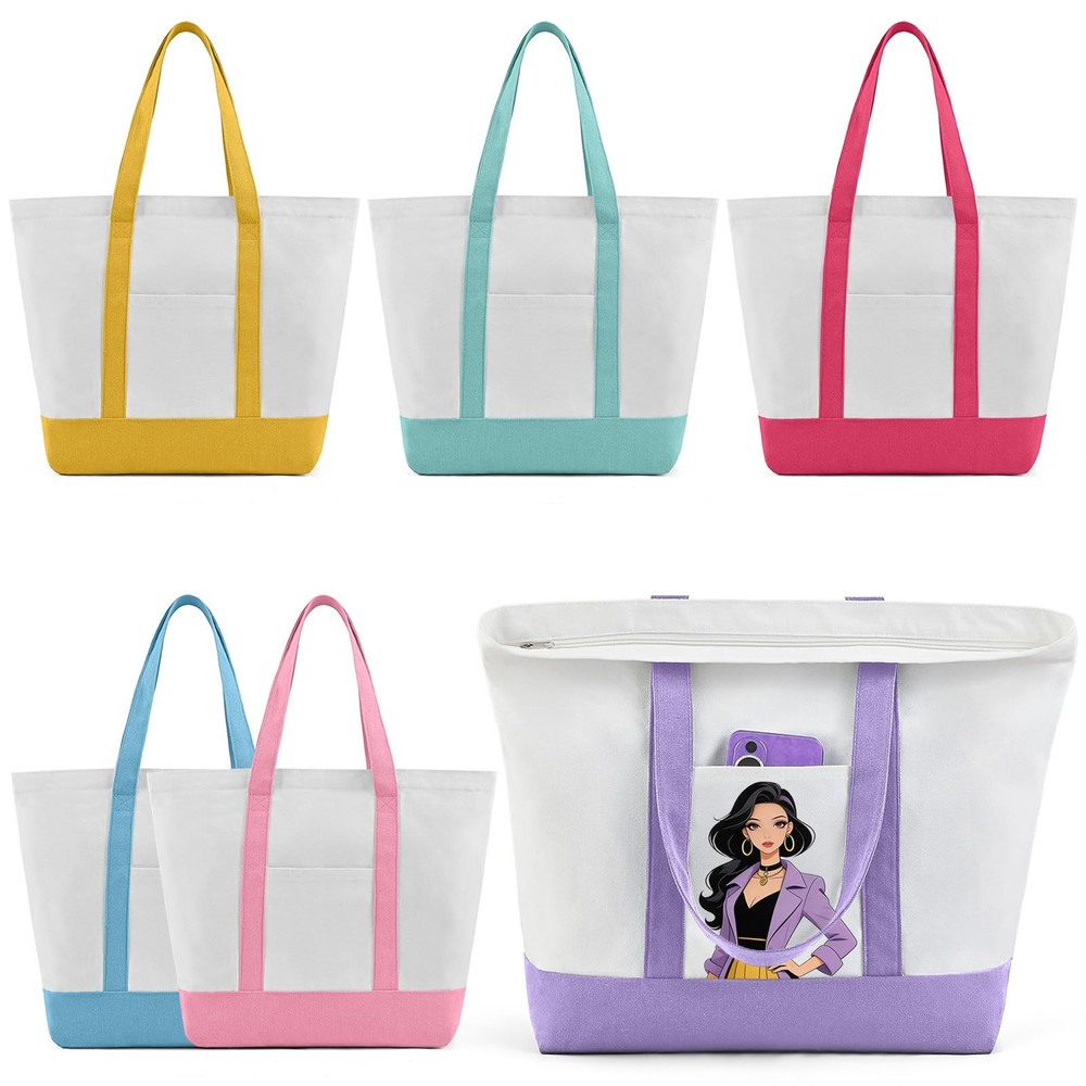 6Pack Canvas Tote Bag with Pockets, 12oz Cotton Canvas Tote Bag with Zipper R…