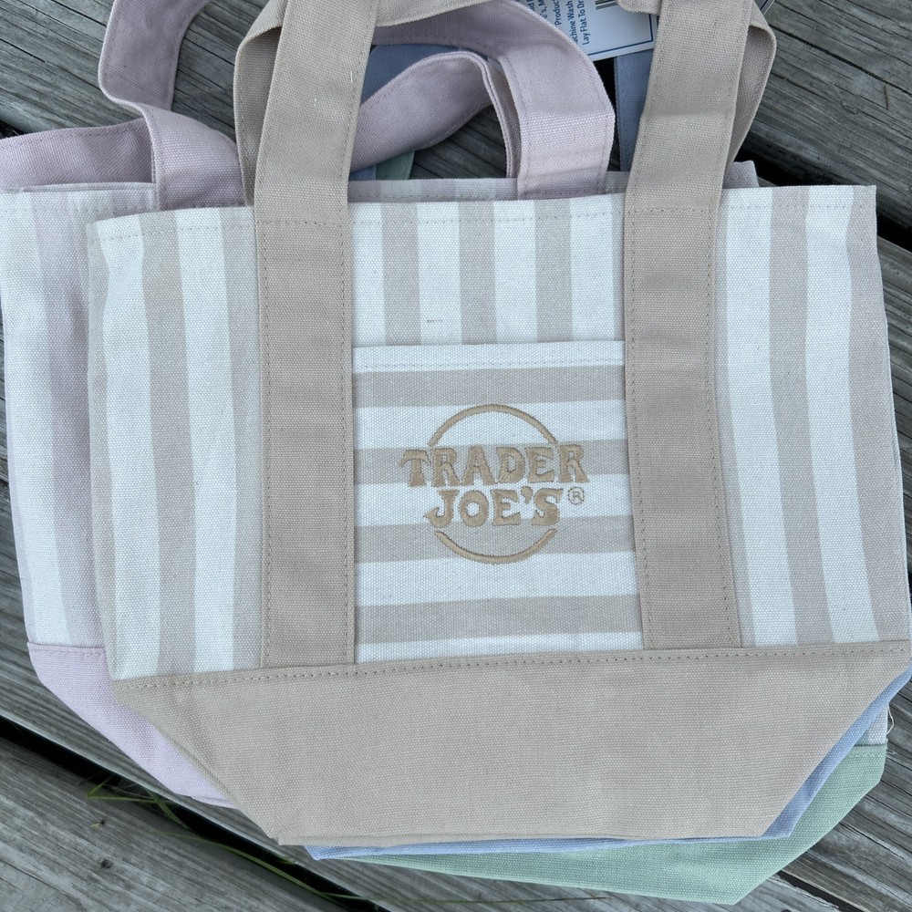 Trader Joe’s Beige Tan Mini Canvas Pastel Striped Tote Bag 2026