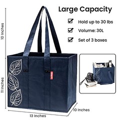 3 PCS Navy Reusable Foldable Grocery Bags Reinforced Bottoms Shopping Tote