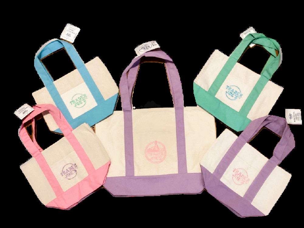 Trader Joe’s 1 LARGE Lavender Canvas Tote Bag AND 4 Mini Pastel Canvas Tote Bags