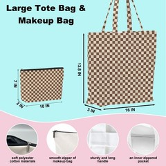 Brown Checkered Canvas Tote Bag Shopping Bag Reusable Grocery Bags with Pocke…