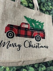 New Country Farmhouse Rustic VINTAGE RED TRUCK MERRY CHRISTMAS Burlap Tote Bag