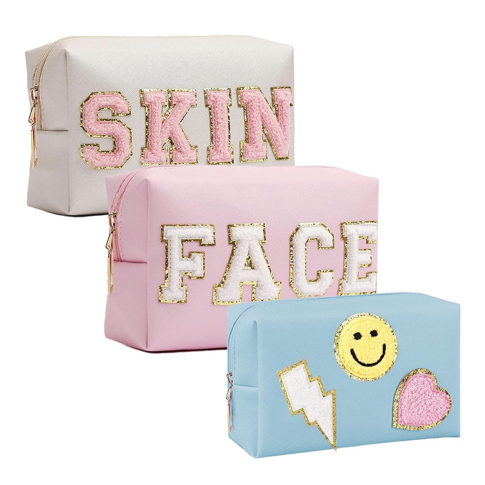 GEMLORD 3 Pieces Preppy Patch Makeup Bag, Small Chenille Letter Cosmetic PINK