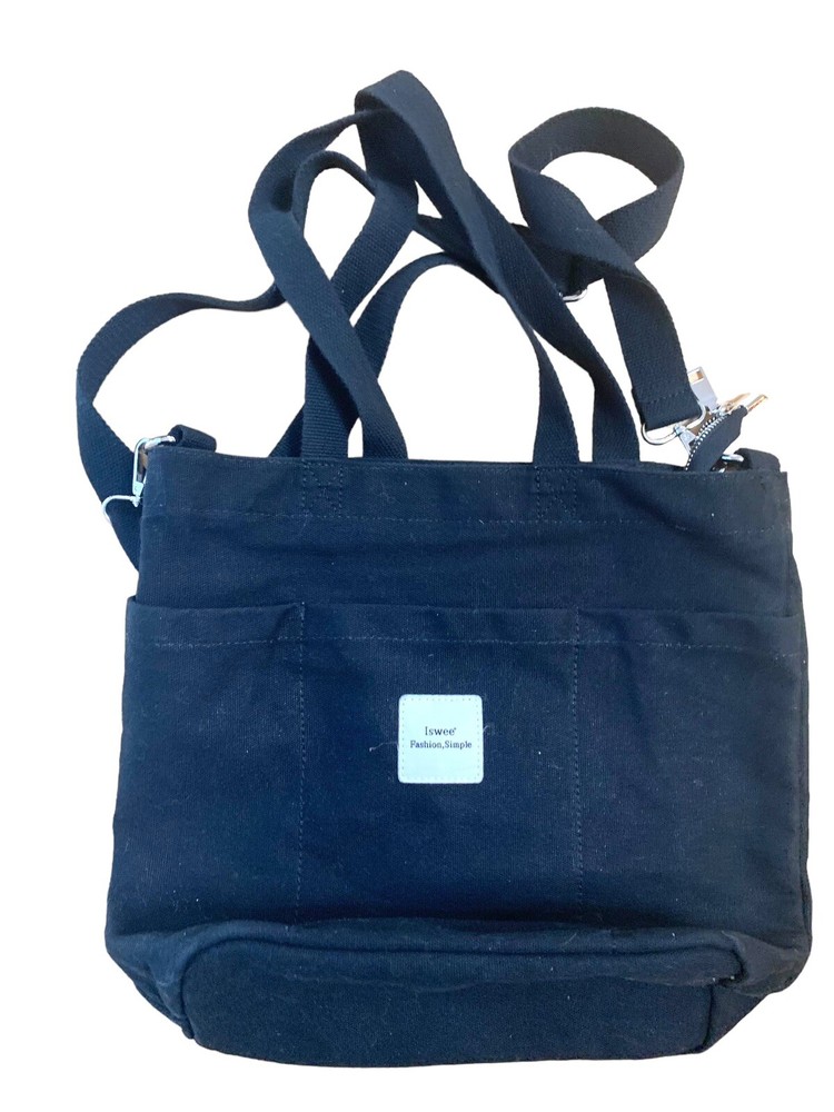 Iswee Shopping Canvas Tote Bag Shoulder Carrying Case Black Cross Body 12″ x 12″