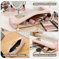 Ayzylpth Small Clear Makeup Bag, Pink PU Leather Travel Brush