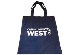 CREDIT UNION WEST BANK REUSABLE ECO GROCERY BAG TOTE BLUE WHITE WASHABLE NEW