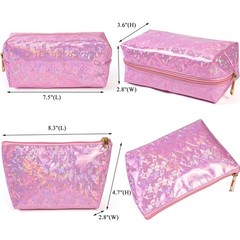 3 Pieces Makeup Bags Double Layer Travel Large Light Pink Holographic