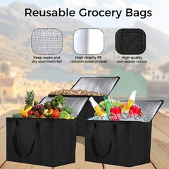 3 Pack Insulated Grocery Bags with Zippered Top, Black Shopping Bags with Han…