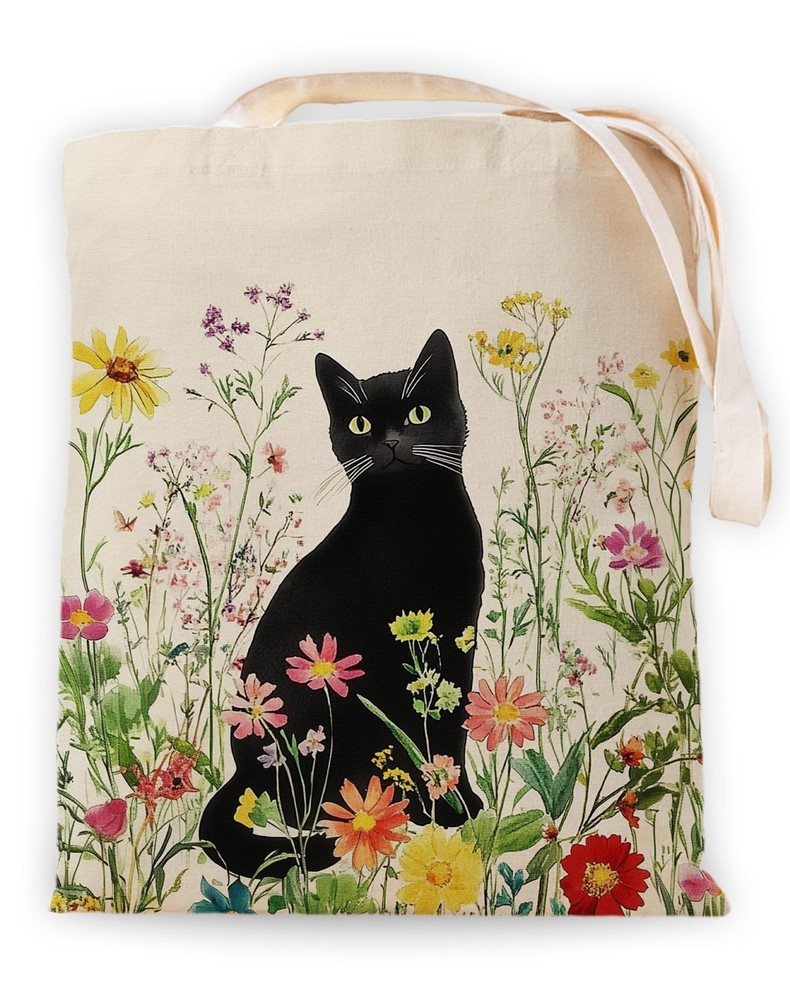 Aesthetic Tote Bag for Women, Black Cat and Floral Canvas Bag, Vintage Shoppi…