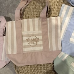 TRADER JOE’S MINI PASTEL STRIPE CANVAS TOTE BAGS SET Of 4 PINK BLUE GREEN BEIGE