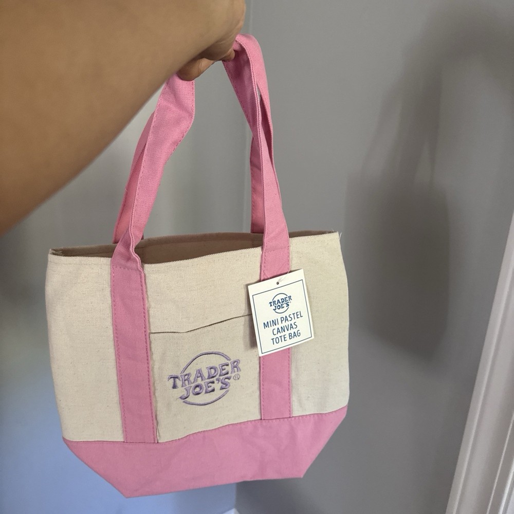 Trader Joe’s Foldable Mini Pastel Canvas Tote Bag Pink Beige Small Colour Block