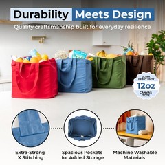 Canvas Grocery Bag 3pc Jumbo Set with Real Pockets, Long Shoulder Strap and S…