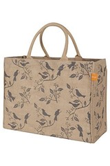 Jute Market Tote Bag, Birds Print, 12.5x17x7, Zipper Pocket, Reinforced