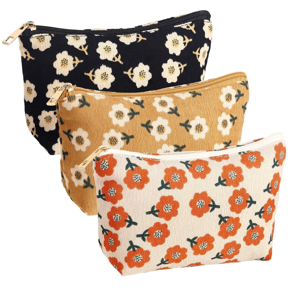 Photect 3 Set Floral Makeup Bag for Purse Corduroy Canvas Rectangular