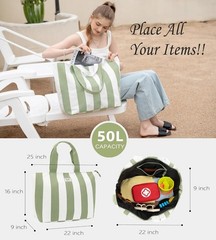 Balite 22” Lar Beach Bag with Zipper, Extra Lar Canvas Tote Bag for