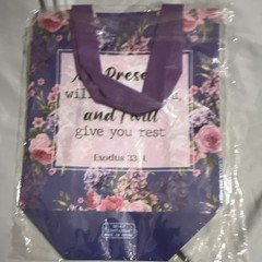 Floral Bible Verse Reusable Tote Bag Purple Pink 13x12x16 in Exodus 33:14