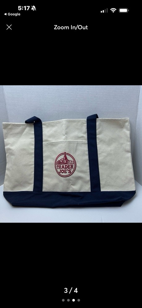 Trader Joe’s Reusable Canvas Tote Bag Beige Navy Blue