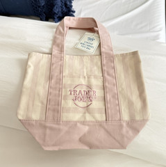 Trader Joe’s Mini Canvas Tote Bag Pink/Beige Striped 13x10x6 in New