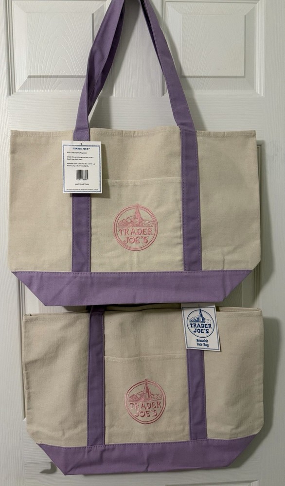 (2) NEW LARGE Lavender Trader Joe’s Canvas Tote Bag – Spring 2026