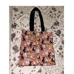 Pink Hand-Made Cotton Chihuahua Tote Bag with Navy Interior