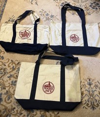 3 Trader Joe’s Canvas Tote Bag Retro Logo Double Sided Blue Unique Lot Vtg