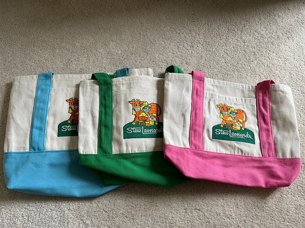 Stew Leonard Colorblock Canvas Tote Bags Small Foldable Multicolor 3-Pack