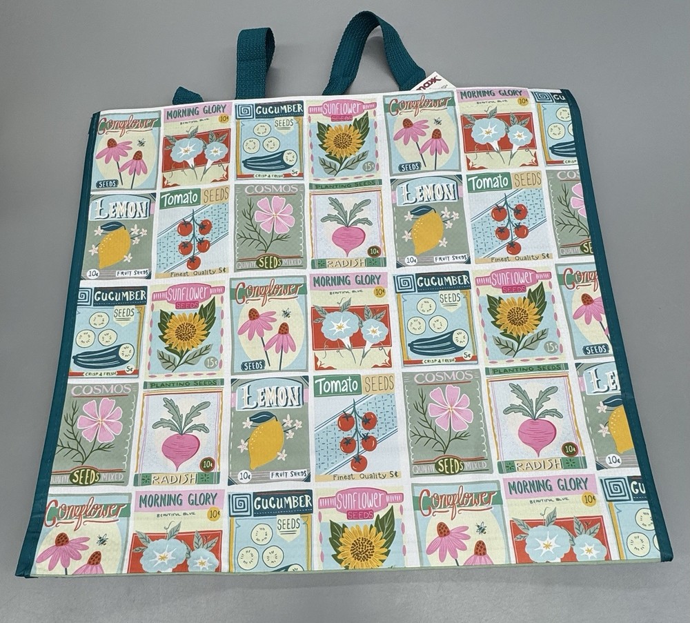 Reusable Large Tote Shopping Bag Seed Packet Floral Print Polypropylene Foldable
