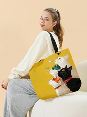 Stacked Cat Canvas Tote Bag Reusable Fashionable Shopping Handbag