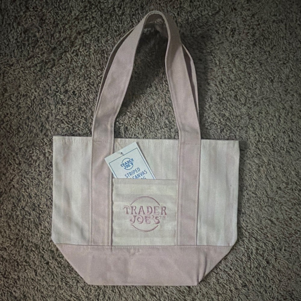 Trader Joe’s Tote Bag Beige/Pink Solid Reusable Shopping 8x8x6 in New