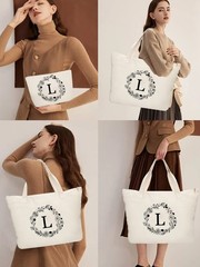 Personalized Initial Canvas Tote Bag with Zipper, Present Bag with Inner Pock…