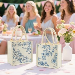 3 Pcs Chinoiserie Burlap Tote Bags Blue White Floral Bird Wedding Tote Bags w…