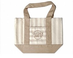 Trader Joe’s 💚 SET OF 2 MINI CANVAS REUSABLE TOTE BAGS Blue & Tan Brown Stripe