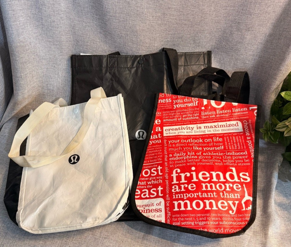Lululemon Reusable Tote Bag Lot of 3 Red Manifesto Black White Shopping Bags
