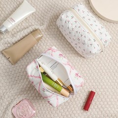 RSRSLEII Small Quilted Cotton Makeup Bag, Cute Floral 12White Pink Bow
