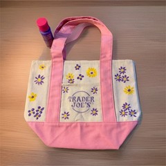 Trader Joe’s Foldable Canvas Reusable Shopping Bag Pink Floral White Yellow