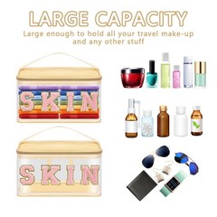 Iqimott Preppy Clear Makeup Bag Skin Pouch, Chenille Letter Skin-Beige