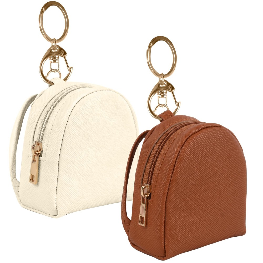 VIOCIWUO Mini Backpack Keychain 2PCS, Cute Cosmetic Bag Earphone white, brown