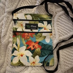Hawaiian Print Travel Shoulder Neck Wallet Bag Flowers White Orange Green