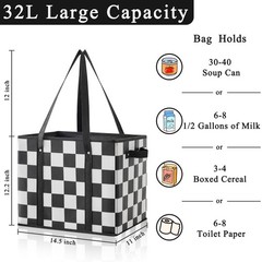 Grocery Bags Checkered 3 Pack Heavy Duty Reusable Foldable Collapsible Tote