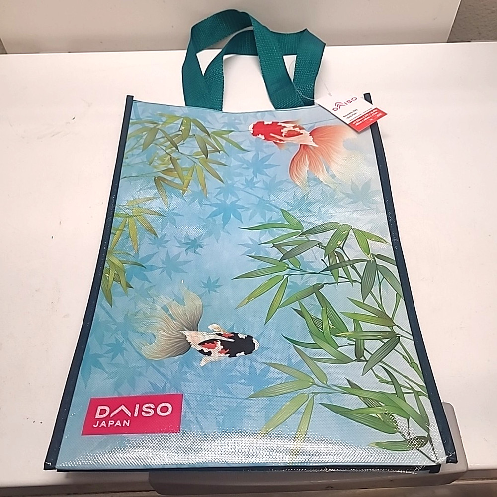 Daiso Japan Bamboo Zen Pond Gold Fish Reusable Grocery Tote Bag 16x11x6.7″ NWT